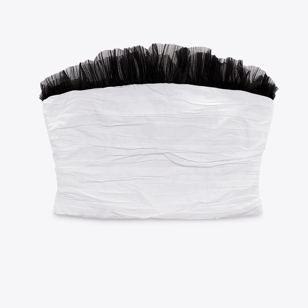 Zara white cropped bustier strapless top with black tulle detail Small